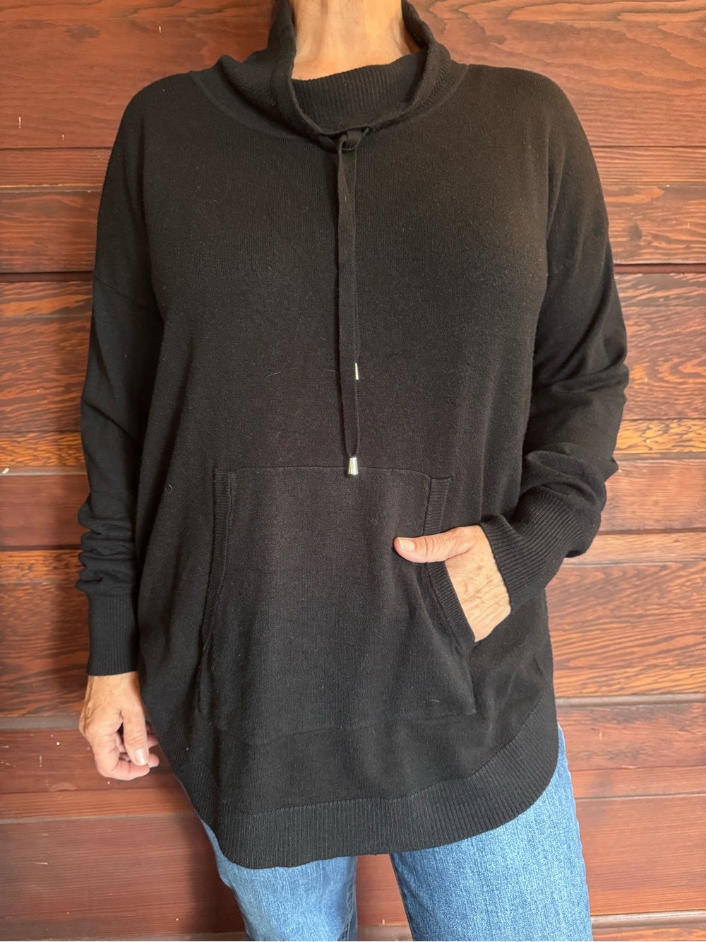 Cyrus Black Crewneck Pullover Sweater with Kangaroo Pocket